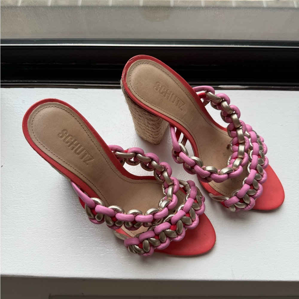 SCHUTZ Pink and Gold Heeled Sandals with Chain Detail